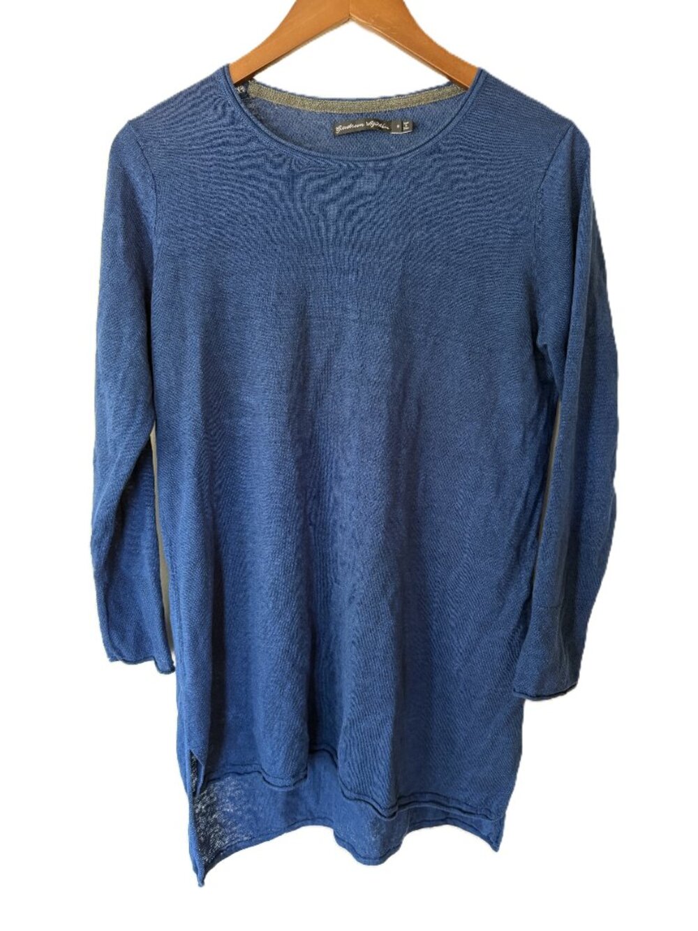 Gudrun Sjoden Linen Fine Knit Tunic, Indigo Blue, Low Back Hem, Womens Medium